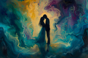 Man and woman embracing in surreal, colorful liquid fantasy dreamscape. Neural network generated image. Not based on any actual person or scene. - obrazy, fototapety, plakaty