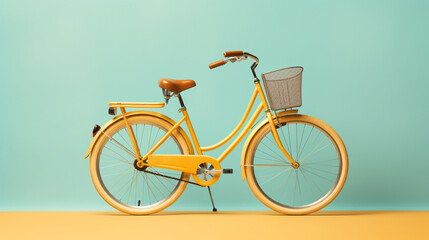 A yellow bicycle with basket on it isolated on flat background