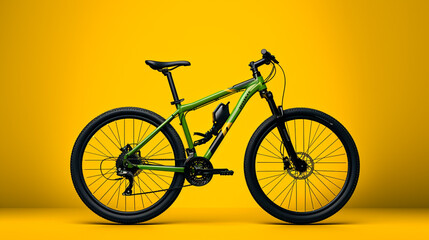 A green color bicycle with black wheels over yellow background - Powered by Adobe