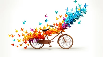 Foto op Aluminium A vintage bicycle on white background while birds of papers flying in air © rai stone