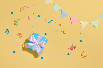 Happy birthday party background and colorful tools, top view
