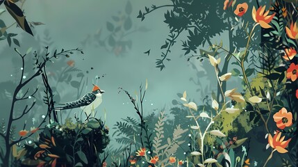 Surrounded by a chorus of chirping birds, the curious character explores a lush forest filled with hidden wonders and enchanting creatures. - obrazy, fototapety, plakaty