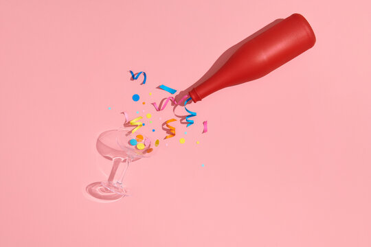 Creative flat lay composition with bottle of champagne