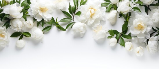 A collection of white peony and jasmine flowers spread out on a clean white background, creating a...