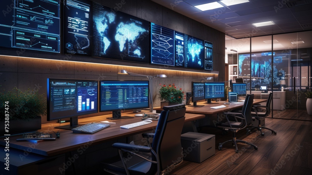 Poster in an office building, a row of computer monitors sits on a desk, creating a symmetrical display. th