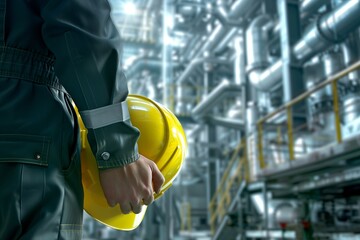 Close-Up Shot of a Safety Engineer's Hand Holding a Yellow Hard Hat Over a Background of Heavy Industrial Machinery.