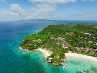 Aerial view of tropical white beaches with clear turquoise waters. Boracay, Philippines.