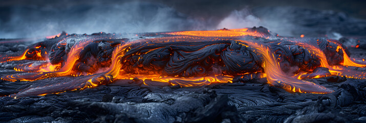 Pahoehoe Lava Solidifies into its Characteristic,
Active lava flow volcanic eruption magma
 - obrazy, fototapety, plakaty