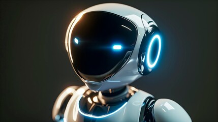 Glossy, White Humanoid Robot With Glowing Blue Eyes And Circular Ear Lights