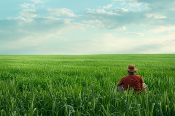 Naklejka na ściany i meble Harmony and Hope: A Serene Scene of a Worker Resting in a Lush Green Field, Gazing at the Horizon, Symbolizing Peace, Rest, and Optimism for the Future on International Labour Day