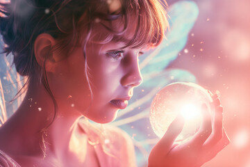 Young Girl Marveling at Glowing Orb, Fantasy and Wonder Concept