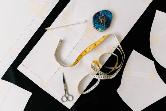 Pattern and objects for sewing on top of black fabric