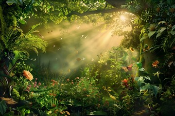 Harmony of Life: A Pristine View of Earth Day Celebrations with Diverse Flora and Fauna Coexisting in a Lush Green Forest, Illuminated by the Gentle Rays of the Rising Sun