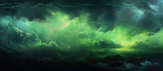 A painting depicting a fierce green storm brewing in the tumultuous ocean, with roaring waves and dark clouds churning ominously in the sky.