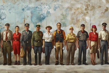 Legacy of Labor: A Timeless Portrait of Workers in Various Uniforms, Standing Proudly, Reflecting the History and Future of the Labor Movement on International Labour Day - obrazy, fototapety, plakaty