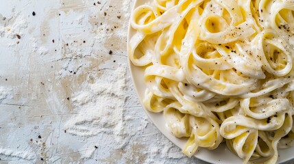 Fettuccine Alfredo with Parsley on White Background