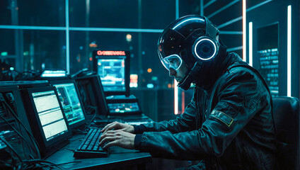 people in safety outfit with tech suit and helmet in a server room working on computer -...