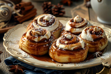 Obraz na płótnie Canvas fresh, delicious Cinnabon buns. cinnamon rolls with cream on a plate on the table.