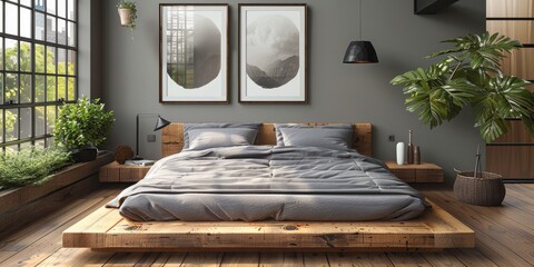 Mock up bright bedroom with a comfortable large bed and a bright stylish background, 3d rendering