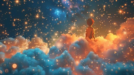 Obraz na płótnie Canvas Perched on a fluffy cloud, the curious character gazes up at a sky filled with shimmering stars and twinkling constellations, their imagination soaring to distant galaxies and beyond.
