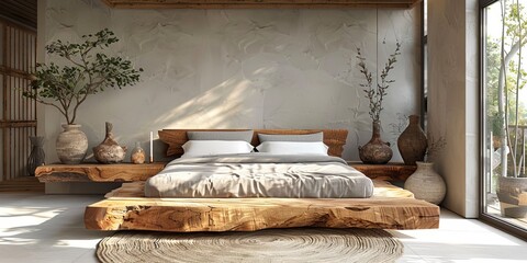 Mock up bright bedroom with a comfortable large bed and a bright stylish background, 3d rendering