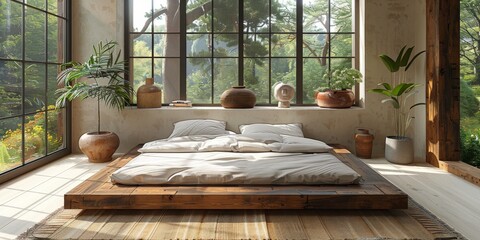 Mock up bright bedroom with a comfortable large bed and a bright stylish background, 3d rendering
