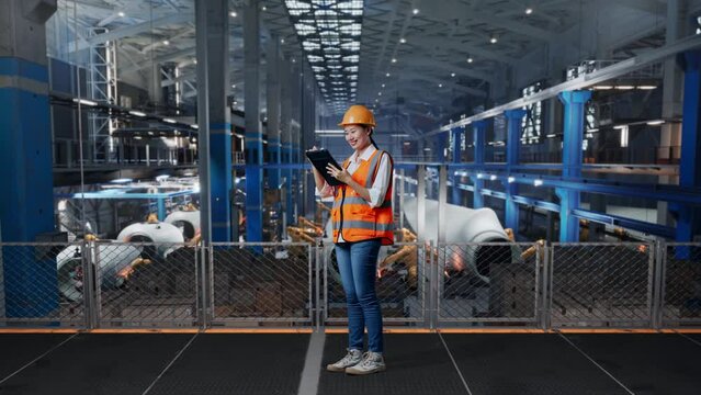 Full Body Side View Of Asian Female Engineer With Safety Helmet Looking At The Tablet In His Hand And Looking Around While Standing In Factory Manufacture Of Wind Turbines