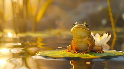 Perched on a floating lily pad, the tiny frog-like character basks in the warm glow of the studio lights, its eyes gleaming with contentment.