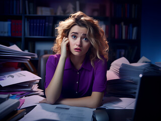 A stressed woman at work table, dark purple background