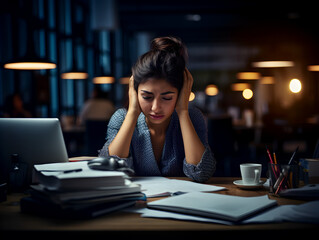 A stressed woman at work table, dark office background