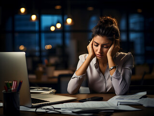 A stressed woman at work table, dark office background