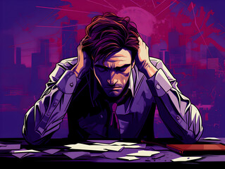 Illustration of a stressed man at work table, dark purple background