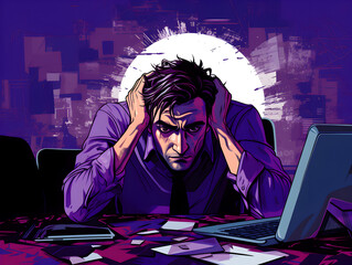 Illustration of a stressed man at work table, dark purple background