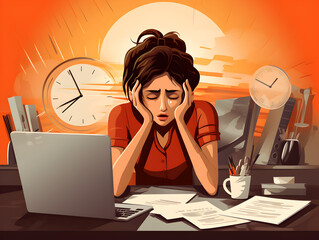 Illustration of a stressed woman at work table