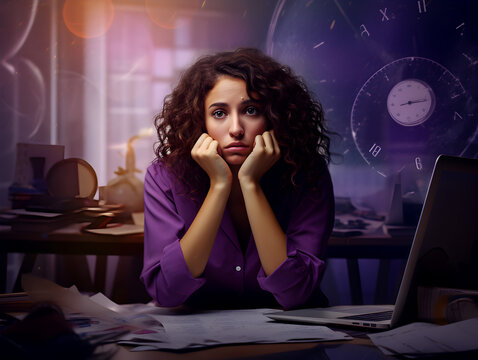 A stressed woman at work table, dark purple background 