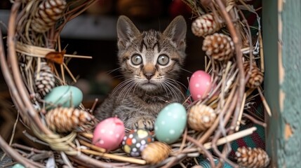 Fototapeta na wymiar Small Kitten Sitting Inside of a Wreath