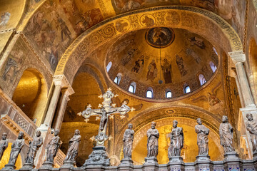 The interior of St. Mark's Basilica Catholic church in Venice, Italy