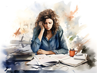 Watercolor illustration of a stressed woman at work table