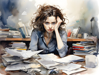 Watercolor illustration of a stressed woman at work table