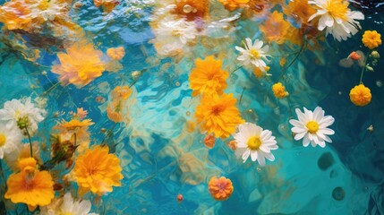 Beautiful delicate flowers on a background of blue water. The texture of the water. Small waves, ripples on the water. Background for Women's Day, Valentine's Day.