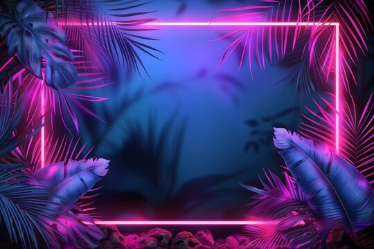 Neon frame shaped like tropical palm leaves, in an anime aesthetic - ultra-high-definition image with dark pink and blue hues, unique framing and composition, essence of modern gaming visuals.