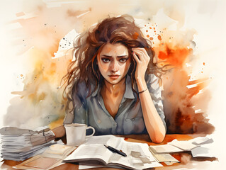 Watercolor illustration of a stressed woman at work table