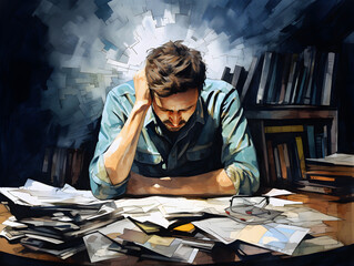 Watercolor illustration of a stressed man at work table, dark background
