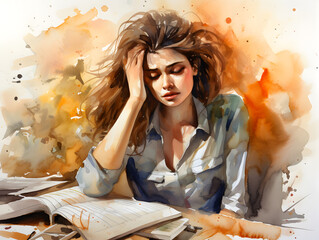 Watercolor illustration of a stressed woman at work table