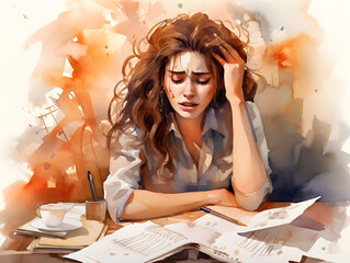 Watercolor illustration of a stressed woman at work table