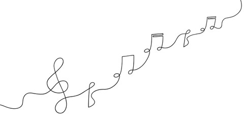 Single continuous line drawing of music notes and treble clef. Hand drawn diagonal one line art background with copy space. Music school banner. Doodles sketch.