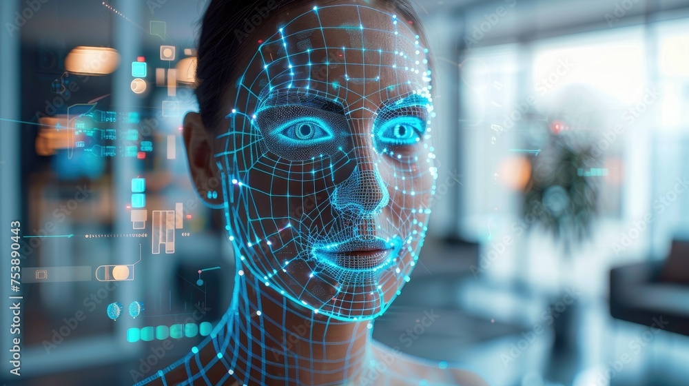 Poster color photo of a smart home security system with facial recognition and motion detection
