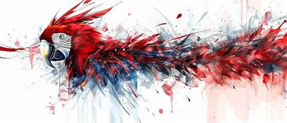  a painting of a red and blue bird with splashes of paint all over it's body and wings.
