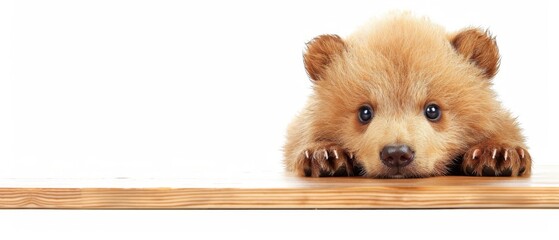  a close up of a teddy bear laying on a table with its paws on the edge of a piece of wood. - obrazy, fototapety, plakaty