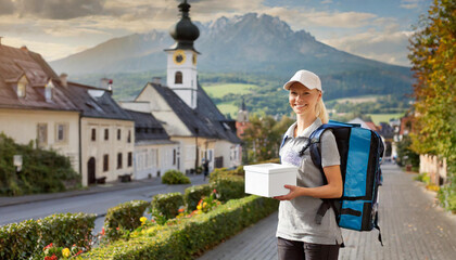 A female mail carrier, postwoman holding a white box, carrying a bag with post, mail in an old town, mountains in the background